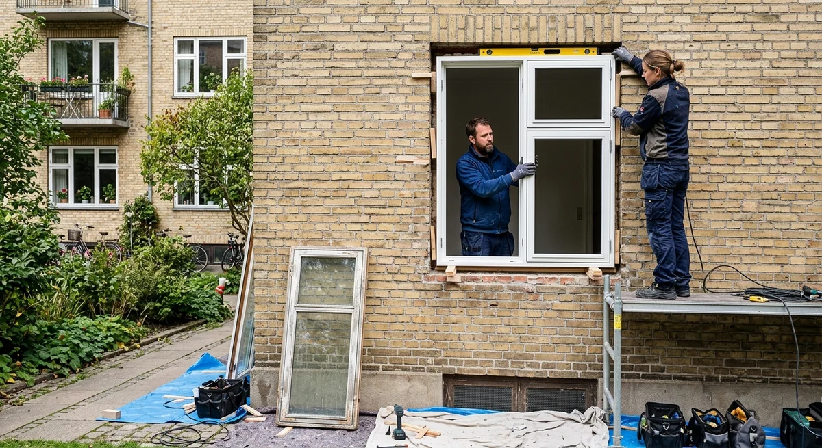 Håndværker udfører udskiftning af vinduer i København